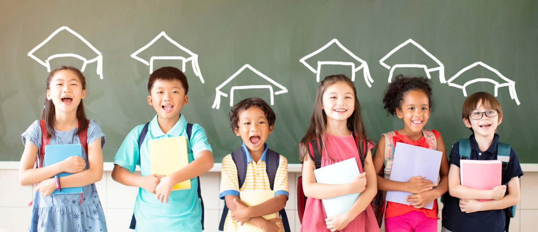 Group of diverse young students standing together in classroom